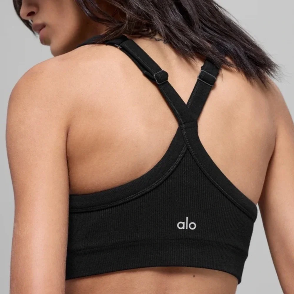 Alo Yoga Wellness Bra Black Ribbed V-Neck Adjustable Racerback Women Large